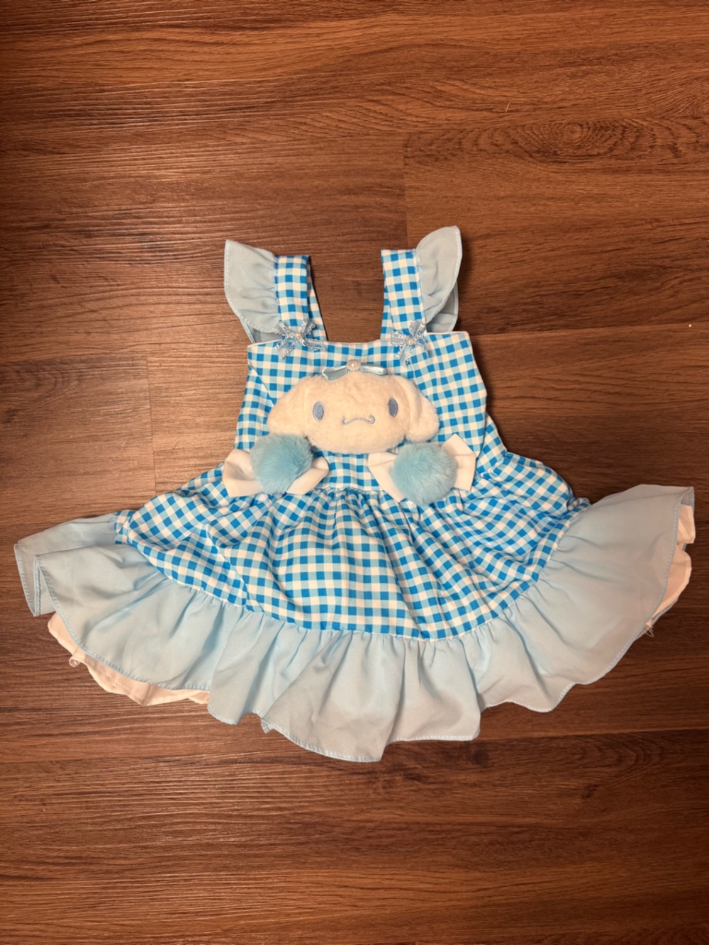Blue Gingham Ruffle Baby Dress with Plush Cinnamoroll